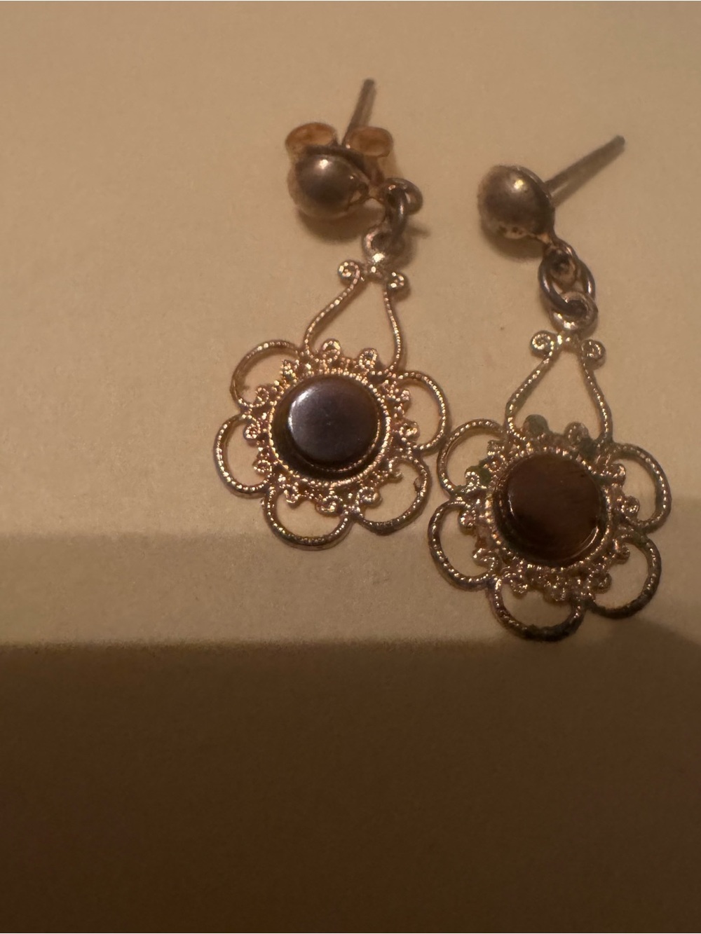 Gold-Tone Floral Drop Earrings with Brown Center